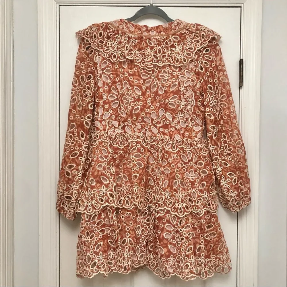 BTFL-Life Dress Brown Eyelet Lace Mini Tiered Layered Ruffled Long Sleeve NWT S